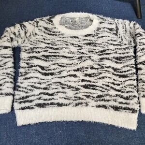 Mudd Womens Zebra Print Fuzzy Eyelash Knit Crewneck Sweater Black White Med Y2K